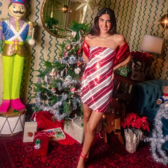 Queen of Sparkles- size L-Red/White Candy Cane Bow Back Cocktail Dress- sold out - Picture 1 of 6